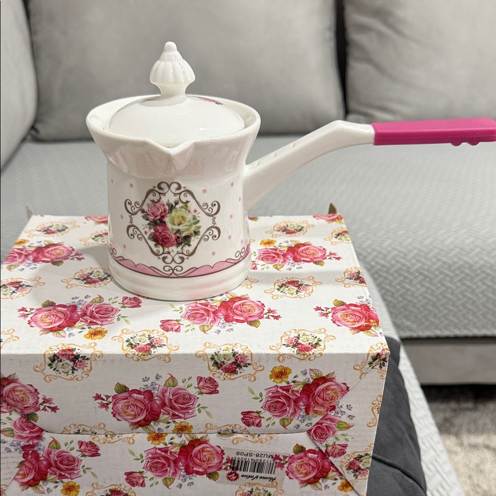 Floral Ceramic Coffee Milk Heater Pot with Pink Handle
